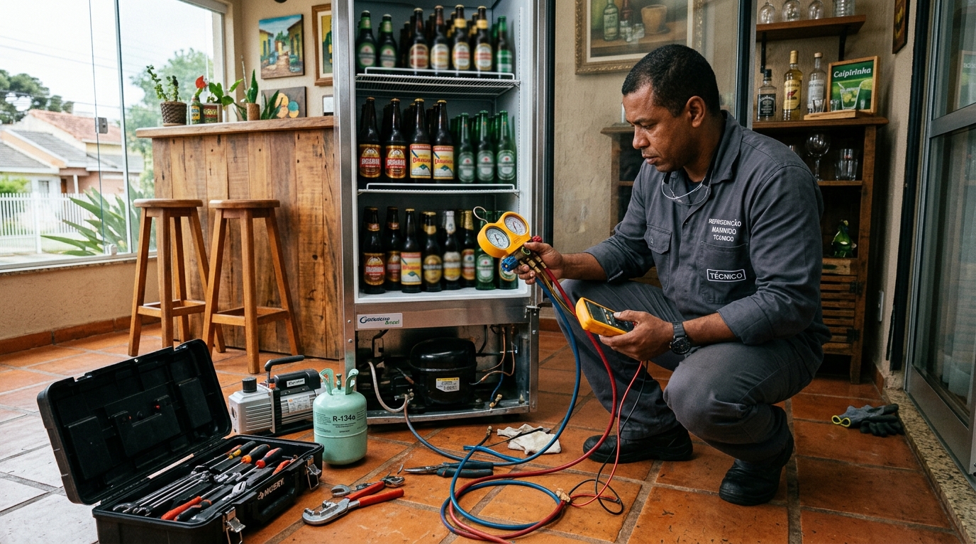 Profissional executando reparo no motor de cervejeira em Campo Grande‑MS