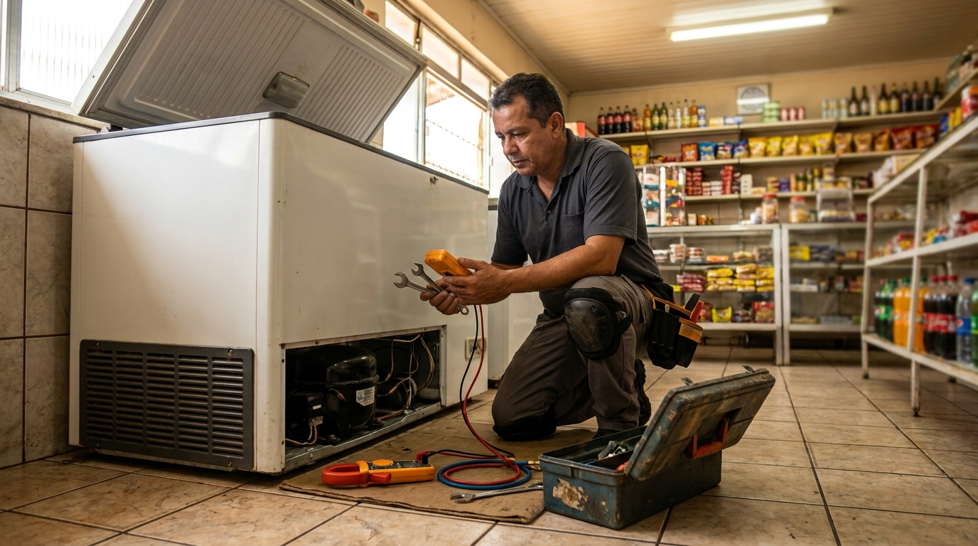 Profissional executando manutenção no motor de freezer em Campo Grande‑MS