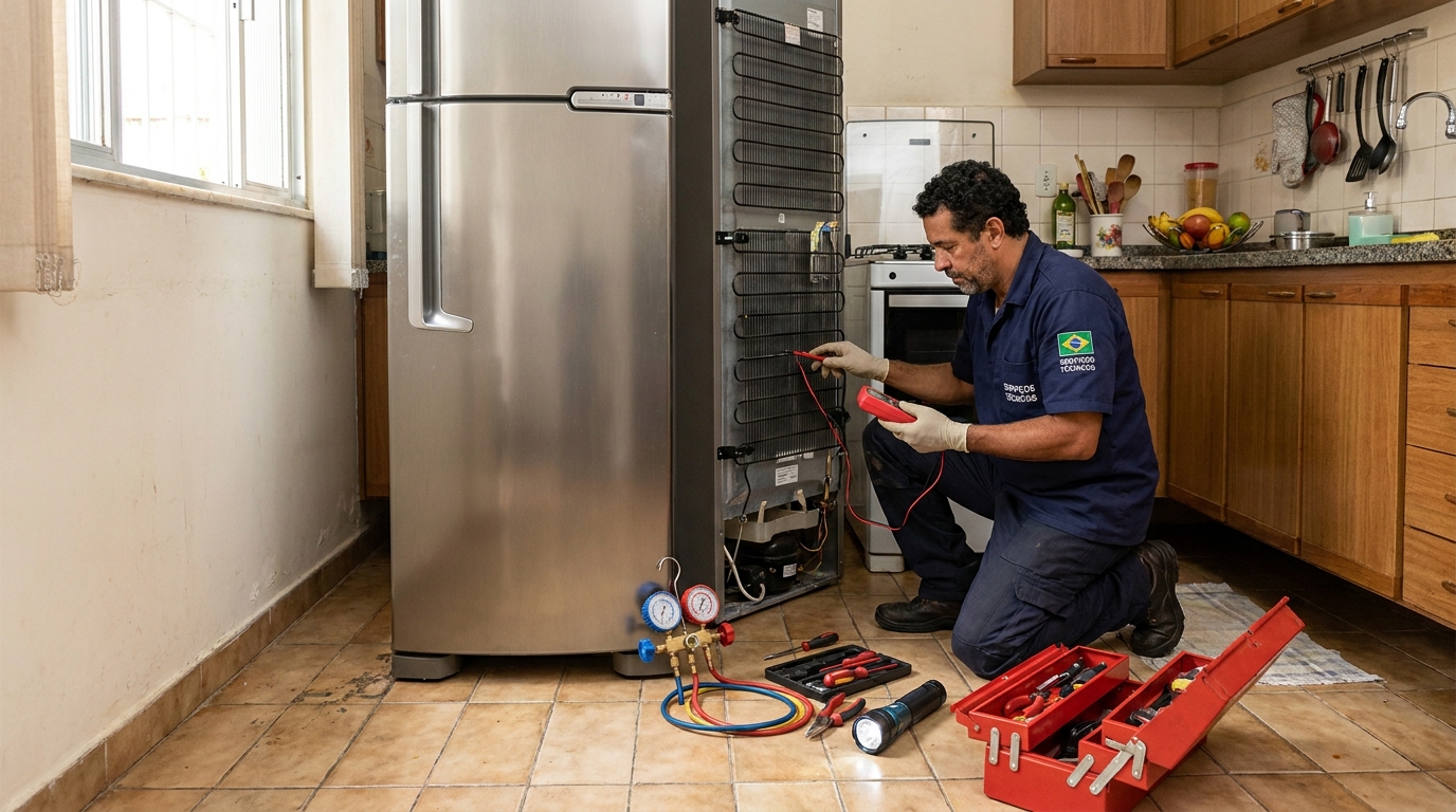 Profissional fazendo manutenção do motor de geladeira em Campo Grande‑MS