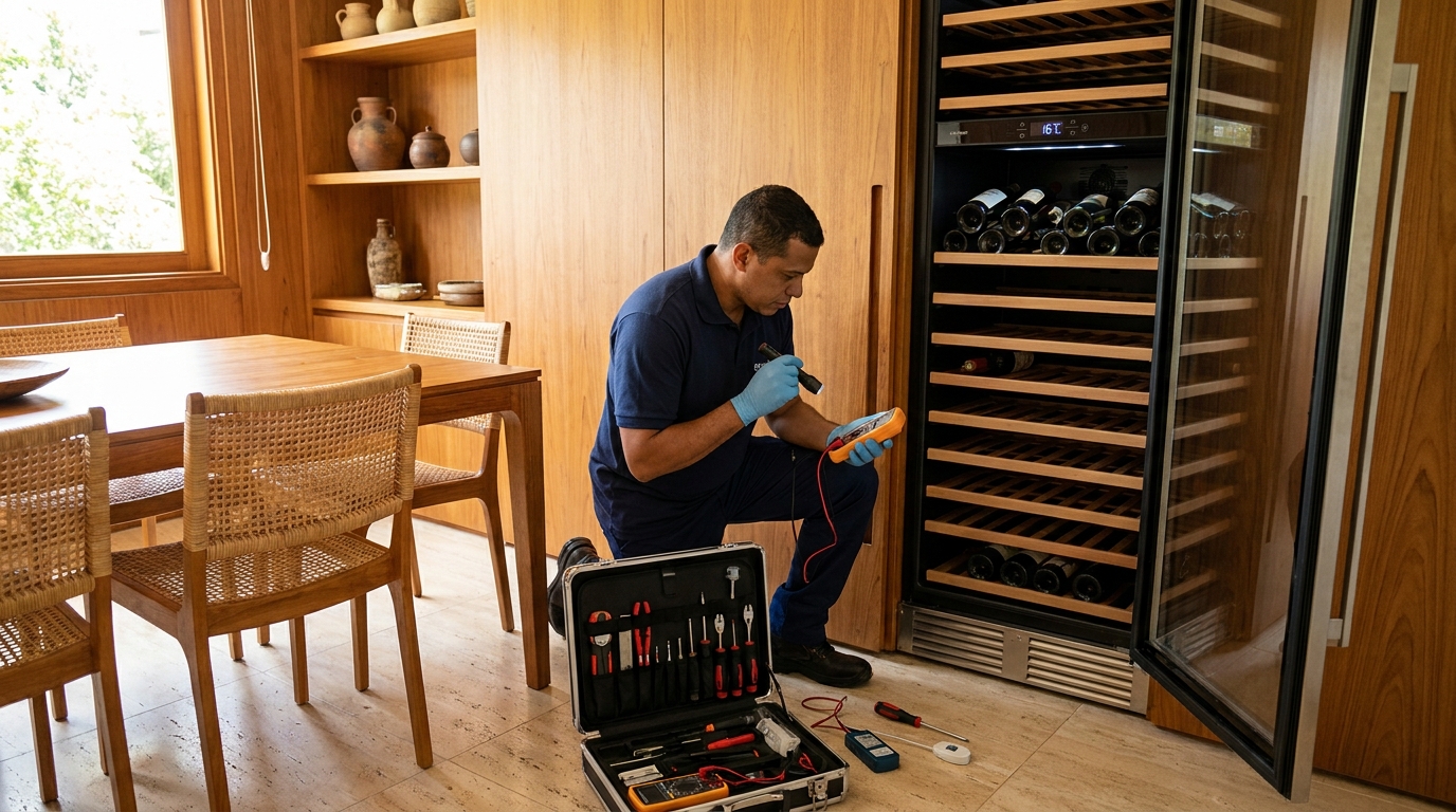 Substituição de termostato em adega climatizada em visita técnica em Campo Grande‑MS